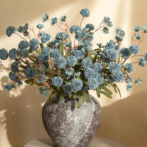 HyeFlora Fake Kiku Flowers, Faux Silk Pompon Mums Artificial Flowers, Chrysanthemum Stems Floral Arrangement Dried Flowers Vintage Decorative Indoor Home Decor Blue with Wax (Vase not Included) - color: 8pcs-blue Wax&kiku