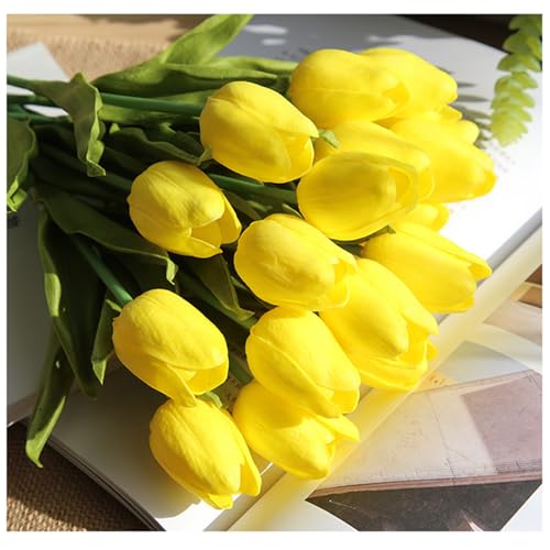 Artificial Tulips Bridal Wedding Festival Decor Bouquet Real Touch PU Flower Bouquet Pack of 20 (Yellow) - color: Yellow
