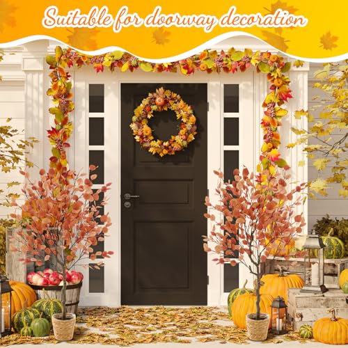 Giegxin 2 Pack 4ft Thanksgiving Day Artificial Eucalyptus Trees with Weaving Plant Baskets Faux Fall Stem with Eucalyptus Leaves Artificial Fall Tree Decor for Thanksgiving Porch Front Home Office - color: Dark Orange, style: Eucalyptus Leaves