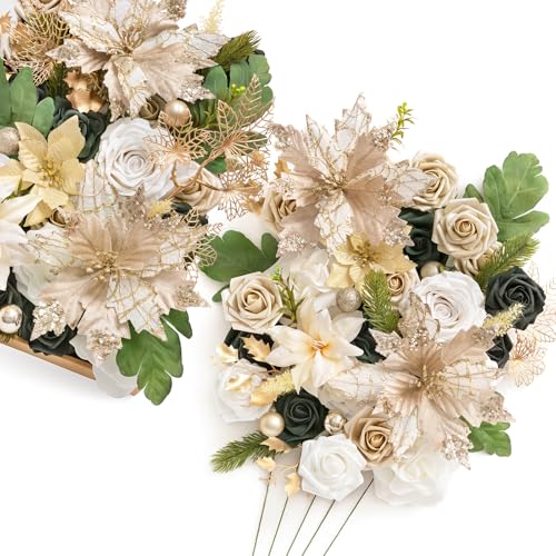 Ling's moment Christmas Flowers Artificial, White Poinsettias Artificial Christmas Flowers and Greenery Deluxe Combo for DIY Wedding Bridal Bouquet, Centerpieces, Home, Floral Arrangement Decor, etc. - color: Grn-champagne Chrismas, size: Deluxe