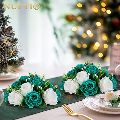 NUPTIO Flower Ball Centrepieces for Tables - Teal & White Artificial Flowers Rose for Centerpieces - Fake Rose Arrangements for Wedding Birthday Party St Patricks Day Decor 2 Pcs - color: Teal & White, size: 2 Pcs