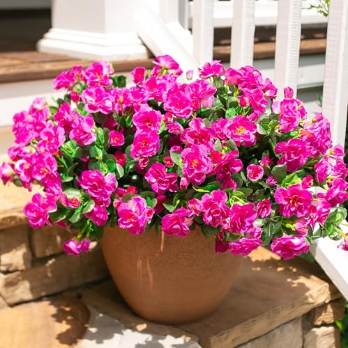HyeFlora Artificial Faux Outdoor Flowers Plants for Spring Summer Decoration, Fake Silk Fuchsia Camellia UV Resistant Look Real for Planter Outside Front Door Porch Patio Balcony, 3 Large Bundles - color: Fuchsia