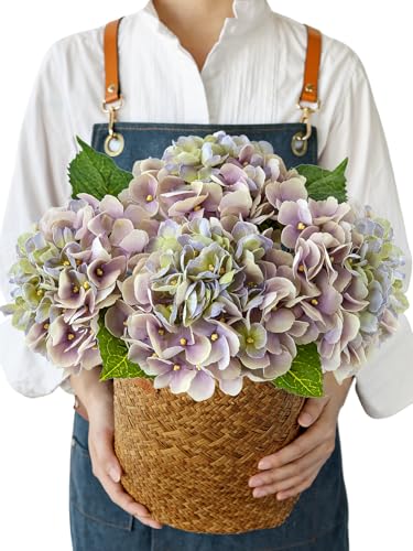 JINWOE Hydrangea Artificial Flowers, 4PCS 21" Latex Real Touch Vintage Lifelike Silk Flowers,Faux Hydrangea Bouquet Fake Flowers for Wedding Centerpieces Tables Party Outdoor Home (Green/Puple) - color: Green/Puple