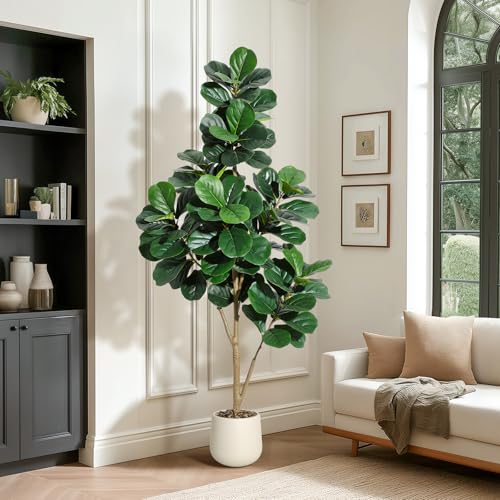 6 ft Fiddle Leaf Fig Tree Artificial with 108 Leaves - Realistic Faux Ficus Lyrata Trees in 9 in White Planter Pot, Indoor Fake Floor Plants for Home Office Living Room Decor, Housewarming Gift - color: With White Planter, size: 6ft