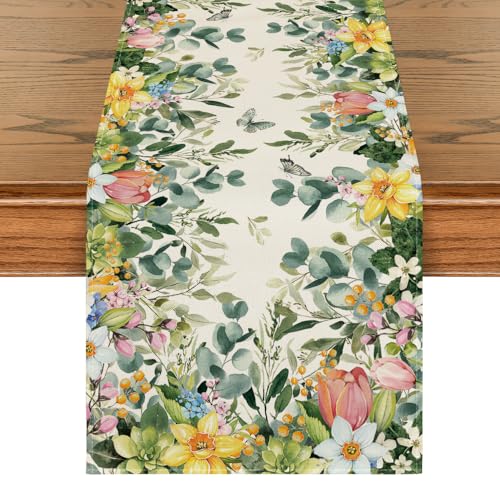 Artoid Mode Bloom Flowers Eucalyptus 210 GSM Spring Table Runner, Seasonal Summer Kitchen Dining Table Decoration for Home Party Decor 13x60 Inch - size: 13" x 60", Table Runner