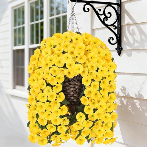 HyeFlora Artificial Fake Hanging Flowers Plants Baskets for Outdoor Outside, Faux Silk Yellow Morning Glory Flowers UV Resistant Look Real Hanging Planter for Home Porch Patio Balcony Yard Decor - color: Yellow Morning Glory