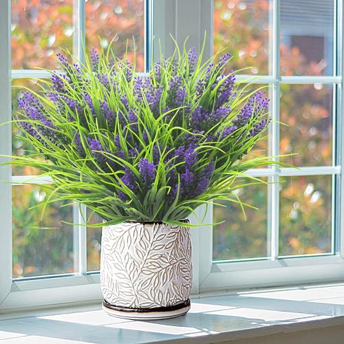 Grunyia 20 Bundles Artificial Plants Outdoor Fake Monkey Grass with Flowers (Purple) - color: Purple