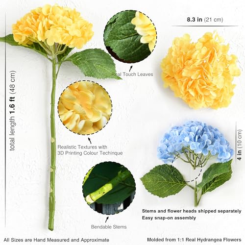 FiveSeasonStuff Real Touch Silk Hydrangea Flowers, 2 Large Long Stem Artificial Flowers for Floral Arrangements (Mixed Heavenly Blue & Sunbeam Yellow) - color: Mixed Heavenly Blue + Sunbeam Yellow
