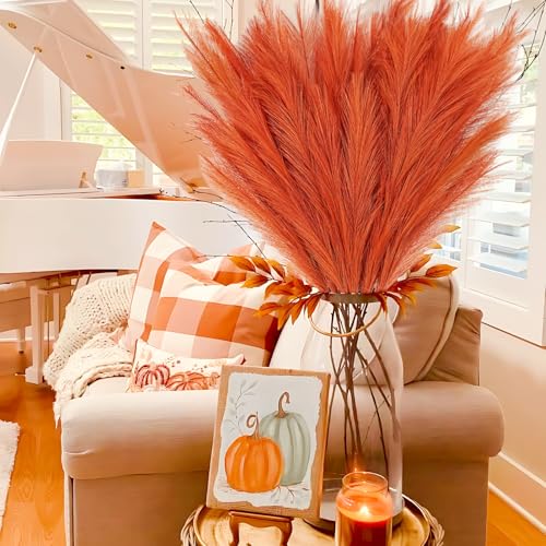 obbsie 8pcs Orange Pampas Grass Tall, 35" Fluffy Faux Colored Pompas Grass Artificial Orange Pampas Stems Vase Filler Fall Flower Arrangement for Home Wedding Centerpieces Autumn Bohe Decor - color: Orange, size: 8 PCS