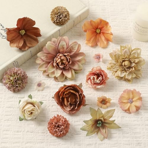 Fake Flower Heads Bulk - Coffee Silk Daisy & Rose Fall Artificial Flower for Crafts, DIY, Graduation Cap, Wedding, Party, Cake Topper, Home Garland Decor - color: Coffee