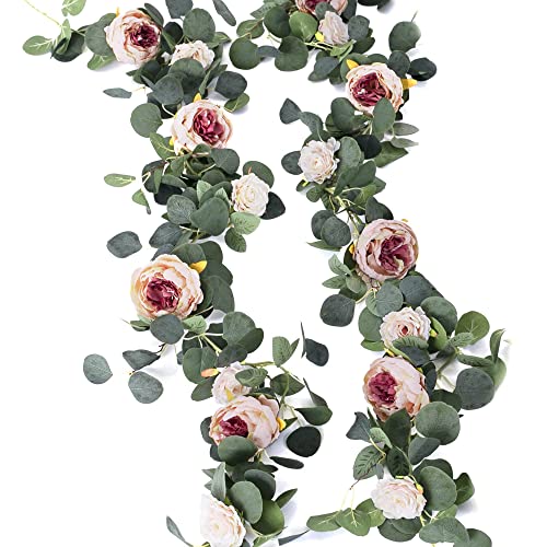 MISSPIN 2pcs Artificial Flowers Garland Spring Eucalyptus Garland Vintage Fake Flower Peony Rose Vine Greenery Decorative Wall Hanging Plant for Wedding Arch Door Arrangement Party Decor - color: Vintage Pink,2
