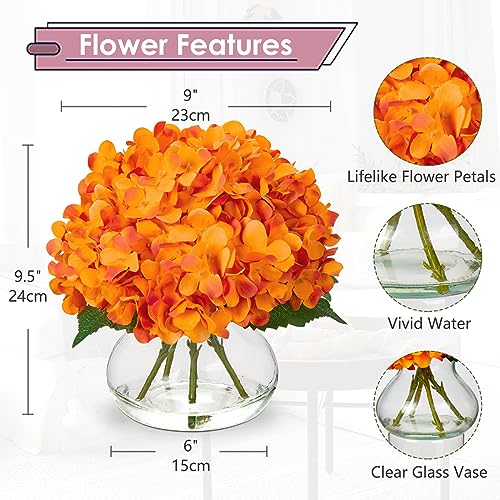 Hollyone Hydrangea Artificial Flowers in Vase Orange Silk Fake Flowers Arrangements with Glass Vase with Faux Water Faux Floral Bulk Bouquet for Office Table Centerpiece Shelf Home Decoration - color: Hydrangea, Orange