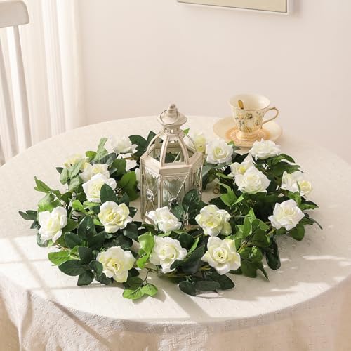 JUSTOYOU 2 Pack (15.8FT) Fake Rose Garland, Artificial Rose Vines Flowers Hanging Silk Rose Vine Wedding Home Backdrop Party Arch Arrangement Decoration - color: Off White+green