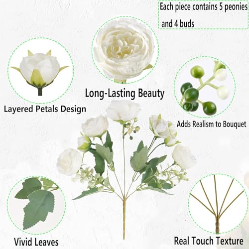 12 Bundles Peonies Artificial White Flowers Bouquet, Lifelike Silk Fake Peonies with Stems for Home Table Centerpieces, Wedding, Party & DIY Bridal Floral Arrangements (White) - color: White