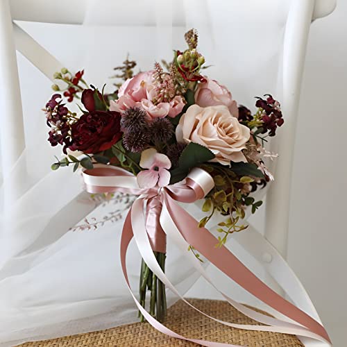 Artificial Wedding Bouquet for Brides Bridesmaid Holding Flower with Greenery Artificial Fabric Rose Wedding Flower Bridal Toss (Vintage Pink) - color: Vintage Pink