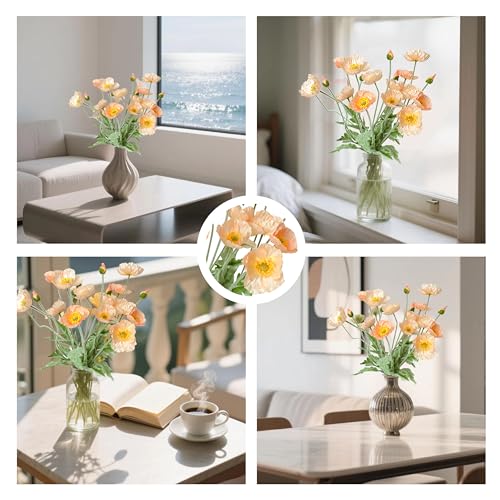 Artificial Poppy Flowers, 5 Bundles Faux Poppies with Stems for Floral Arrangements - Wedding, Home, Office, Party Table Centerpiece Decor (Light Peach) - color: Light Peach