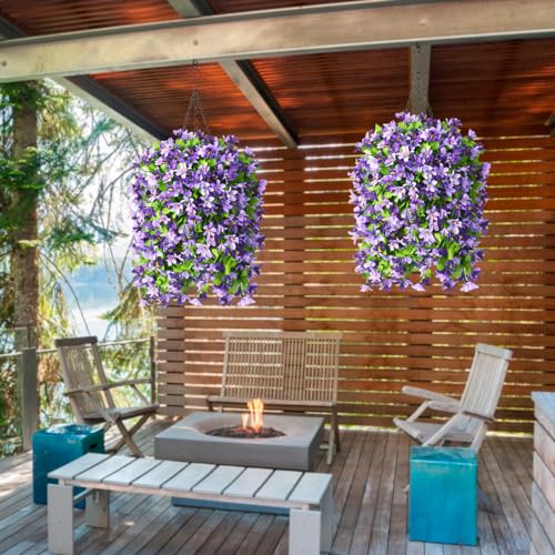 INQCMY Artificial Hanging Flowers in Basket for Outdoor Spring Summer Decoration,4pcs Faux Silk Violet in Planter UV Resistant for Outside Home Patio Garden Porch Deck Decor(Purple Orchid) - color: Purple Orchid