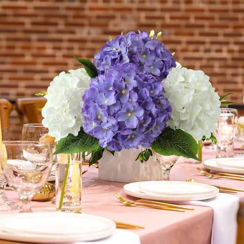 JINWOE 5Pcs Puple Artificial Silk Hydrangea Flowers, 20Inch Large Lifelike Faux Hydrangea with Stems Bouquet for Home Table Centerpieces Wedding Baby Shower Garden Party Decoration - color: Puple