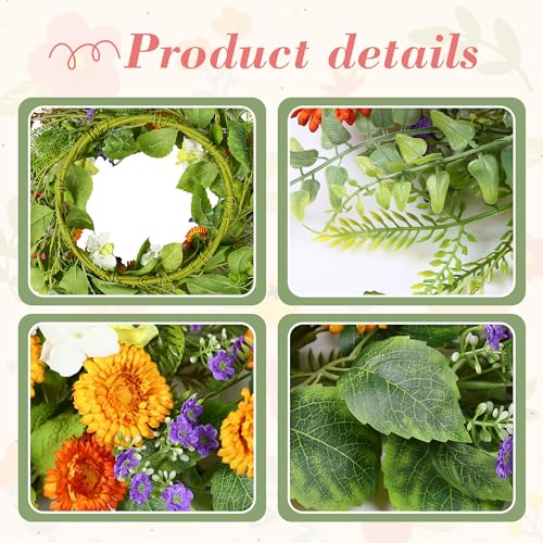YNYLCHMX 20" Spring Summer Wreaths for Front Door, Artificial Floral Wreath with Daisy Flowers Green Tea Leaves, Green Foliage Wreath for Wall Window Farmhouse Party Holiday Home Decor - color: Colorful Daisies