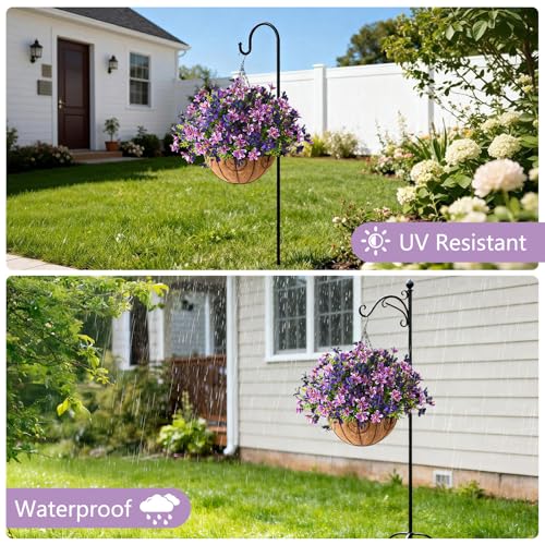 INQCMY Artificial Hanging Flowers for Outdoors, 5 Bundles UV Resistant Artificial Hanging Baskets,All Weather Fake Flowers for Patio, Porch, Yard, Window Box,Home for Spring Summer Decoration. - color: Light Red Purple