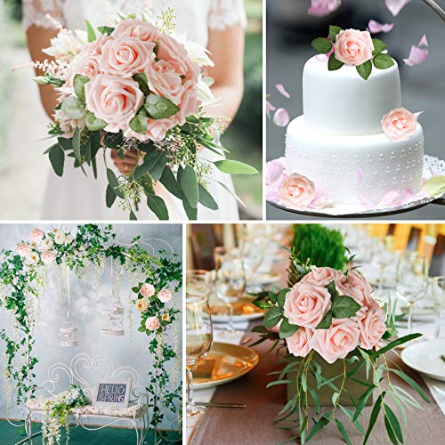 AmyHomie Artificial Flower Blush Pink Rose 25pcs Real Looking Fake Roses w/Stem for DIY Wedding Bouquets Centerpieces Arrangements Party Baby Shower Valentines Day Christmas Tree Decorations - color: Blush Pink