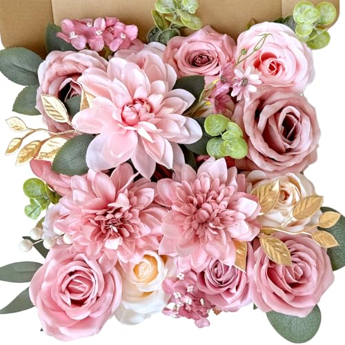 Dusty Pink Roses Gold Flowers Combo Box for Centerpieces Blush Pink Faux Flowers Bulks DIY Wedding Bouquets Cake Decor Boho Silk Artificial Floral Individually Stems Baby Shower Party Arrangements - color: Dusty Rose Gold