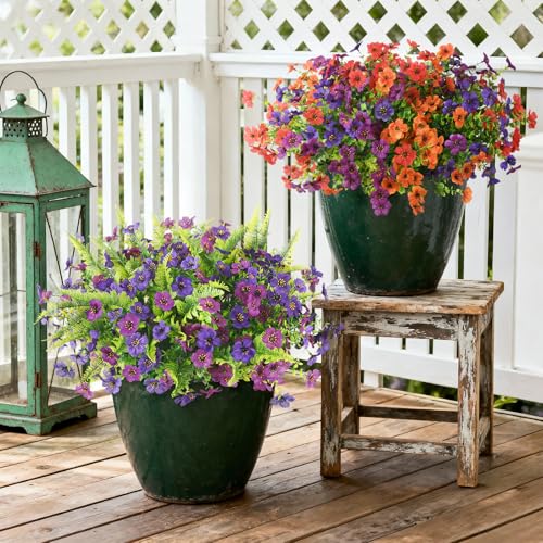Hommyea Artificial Flowers for Outdoors, 12 Bundles Multicolor Silk Fake Flower for Spring Summer Decoration, UV Resistant No Fade Artificial Outdoor Plants for Home Planter Porch Patio Yard Decor - color: Double Purple,red,orange
