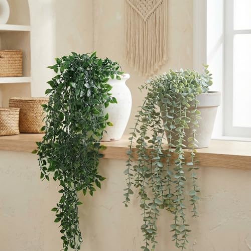 Daifunli 8 Pcs Artificial Hanging Plants Fake Hanging Ferns Plastic Faux Plants for Wall Room Garden Garland Indoor Outdoor Decor No Basket (Eucalyptus,Mandala Vine) - style: Eucalyptus, Mandala Vine