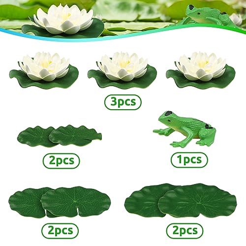 10pcs Artificial Floating Foam Lotus Flowers with Artificial Frog Lotus Leaves, Lily Pads for Lake, Pond Plants Ornaments for Pool Aquarium Water Decoration, White - color: White