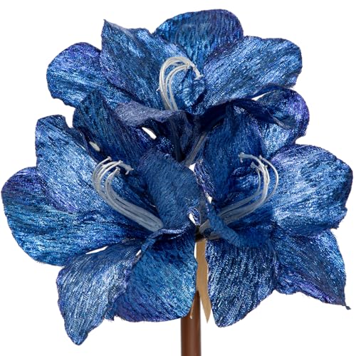 Briful Amaryllis Artificial Christmas Flower Stems, 19.7" Blue Glitter Faux Amaryllis with Detachable Heads for Xmas Home Party Wedding Bouquet Vase Arrangement Decor - color: Blue