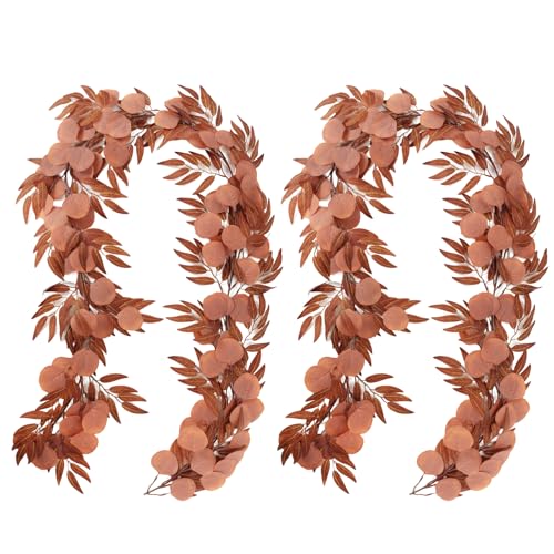 RECUTMS 2Pcs Artificial Fall Eucalyptus Garland with Willow Leaves 6Ft Hanging Silk Orange Leaf Vine Greenery Faux Ivy Plants Indoor Outdoor Home Office Party Wedding Table Arch Fireplace Autumn Decor - color: Eucalyptus Leaf Orange