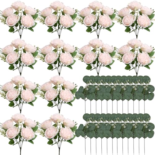 Peonies Artificial Flowers Bulk, 12 Bundles Fake Silk Peonies Faux Eucalyptus Bouquet Realistic Peony Floral Arrangement for Wedding Table Centerpiece Vase Decor (Light Pink) - color: Light Pink
