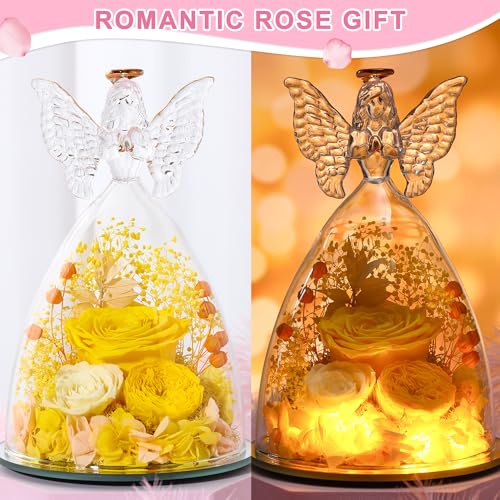 Mothers Day Rose Gifts for Women Preserved Real Flower in Glass Angel Figurines Roses for Delivery Prime Birthday Gifts for Mom Grandma Girlfriend Wife Her,Yellow Austin Roses - color: Yellow With Austin Roses