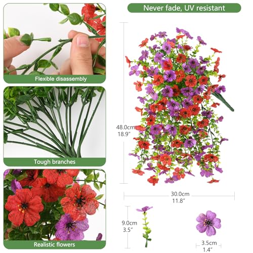 INQCMY 2Pcs Artificial Fake Hanging Flowers for Outdoors UV Resistant Artificial Plants for Spring Summer Decor Look Real Faux Flowers for Outside Home Planter Porch Patio Decor - color: Red Purple