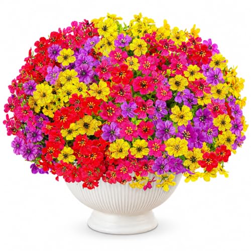 Artificial Flowers for Outdoors UV Resistant, 12 Bundles Realistic Faux Daisy with Eucalyptus Leaves Fake Plants for Porch Patio Planter Garden Decoration (Purple Red Rose Yellow) - color: Purple Red Rose Yellow
