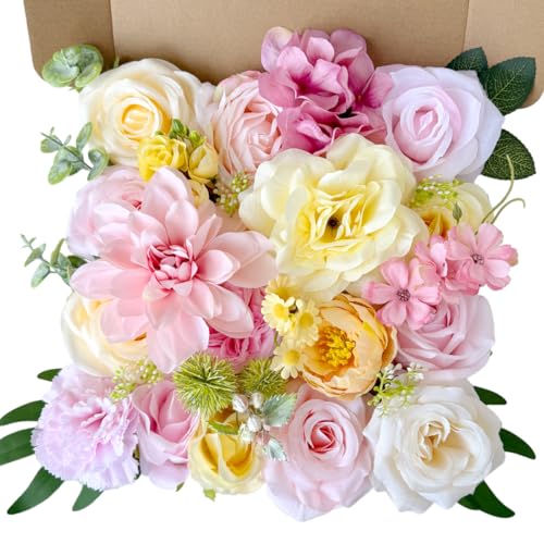 Creamy Yellow Pink Silk Artificial Flowers Combo Box Set Pastel Roses Flowers Dahlia DIY Bridal Wedding Bouquets Cake Boho Fake Floral with Stems Arrangements Baby Shower Party Table Centerpieces - color: Pink, Yellow