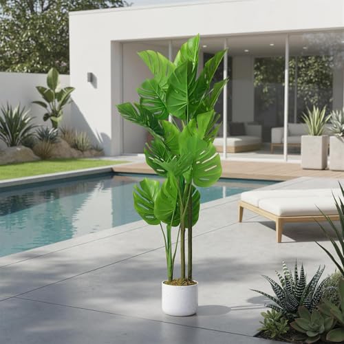 3.6FT Artificial Monstera Deliciosa Plant in White Tall Planter, 43"H Fake Decorative Evergreen Potted Swiss Cheese Floor Tree, Indoor Faux Tropical Plants for Living Room Porch Entryway Office Decor