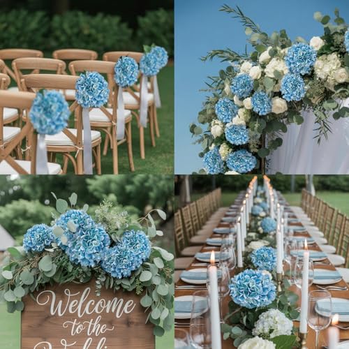 6PCS Realistic Artificial Silk Hydrangea Flowers – Premium Fake Hydrangea Flowers Bouquets with Stems, Full Faux Hydrangea Blooms for Home Wedding Table Party Office Decorations(Light Blue) - color: Light Blue