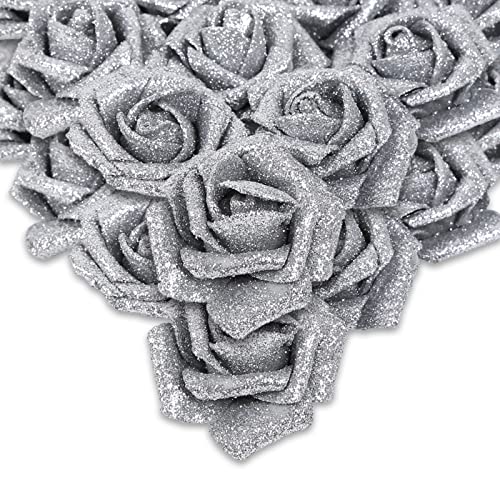 IPOPU Silver Roses Artificial Flowers,50pcs Glitter Flowers Fake Foam Roses with Stem for DIY Wedding Bridal Bouquet Home Party Christmas Decoration(Silver) - color: 50pcs Silver