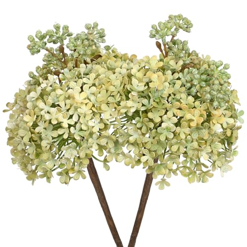 2 Pcs Hydrangea Artificial Flowers Stems for Fall Tabletop Decor, 11" Silk Fake Blooms Bouquets with Flower Seeds for Autumn Floral Arrangements Centerpiece, Faux Flowers for Vase & Desk, Light Green - color: Light Green