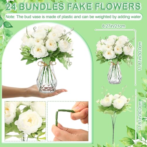 Zeyune 37 Pack Artificial Peonies Flowers with Bud Vase Bulk 24 Bundles Silk Peonies Bouquets 12 Plastic Clear Vase with 1 Rope Fake Flowers for Table Centerpiece Vases(White,Perfume) - color: White, style: Perfume