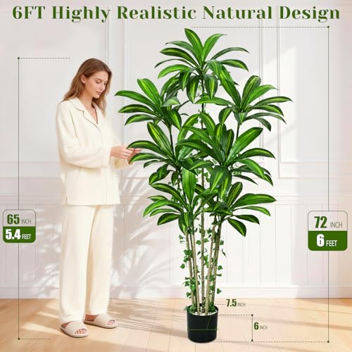 Dolicer 6FT Tall Look Real Artificial Dracaena Tree Indoor with Black Planter, Realistic Artificial Fake Faux Indoor Plants with Natural Trunk and Lifelike Leaves for Home Office Living Room - size: 6FT