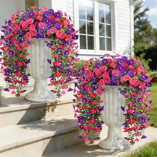4PCS Artificial Hanging Flowers for Outdoors, 600 Blooms UV Resistant Morning Glory Vine Fake Flowers with Eucalyptus, Realistic Silk Faux Hanging Plants Decorations for Planter (Rose Red and Purple) - color: Rose Red and Purple, size: 4PCS