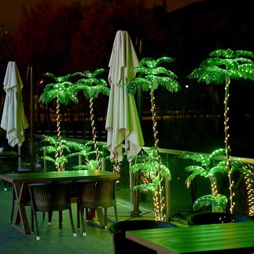 Solar Artificial Palm Tree Christmas Tree 7Ft 3Trunks 260LED Lighted Simulation Tropical Palm Tree Fake Plant Light for Patio Home Office Beach Yard Cruise Party Tiki Bar Decorations - style: 7FT Solar