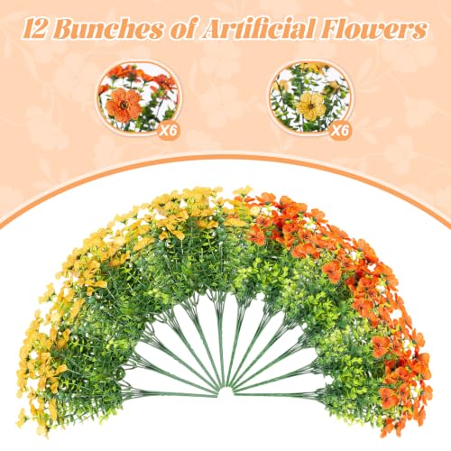 Fall Mums Artificial Flowers for Outdoors Potted, 12 Bundles Fake Fall Daisy Flower with Realistic Eucalyptus Leaves, Fake Plants for Greenery Boxwood Porch Patio Garden Pot Lawn(Yellow Orange) - color: Yellow Orange