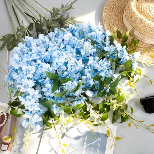 10 pcs Artificial Delphinium Flowers with Clematis Greenery, Light Blue Fake Larkspur Flowers & Clematis Leaves for Tall Vase, Wedding Arch Bouquet Floral Arrangement Home Party Table Centerpiece - color: Light Blue+green, size: 33.86 inch