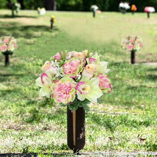 Briful Artificial Flowers Bouquet - 2 Pack Faux Silk Floral Arrangement Fake Carnations Roses Orchid Mixed Flower for Home Office Room Vase Memorial Grave Outdoor Decor - color: Green Pink