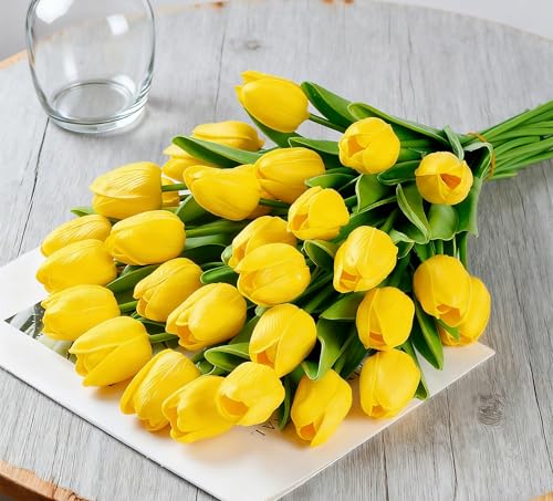 Yellow Artificial Tulips Real Touch Fake Flowers, 20 Pcs PU Faux Tulips 13.5", Realistic Tulip Bouquet for Wedding Centerpiece Spring Home Kitchen Dining Table Vase Decoration Easter Stems - color: Yellow