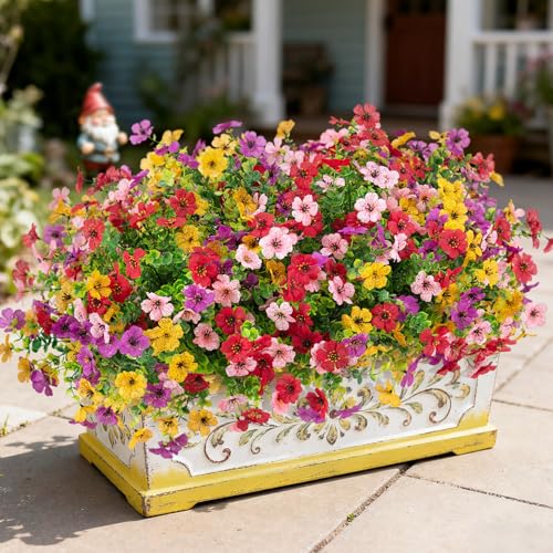 INXUGAO Artificial Fake Flowers Plants for Outdoor Spring Summer Decor, 12 Bundles Faux Silk Flowers for Outdoor Outside Planter Colorful Daisy UV Resistant Look Real for Front Door Porch Patio Yard - color: A-red Pink Purple Yellow