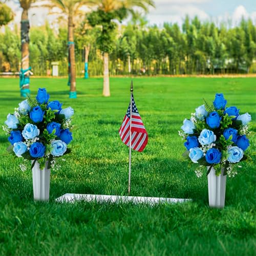 XONOR Artificial Cemetery Flowers for Grave Decorations, Artificial Memorial Roses Flowers Bouquet with Vase for Cemetery Headstones Decoration, 2 Sets (Dark Blue&Light Blue) - color: Dark Blue&light Blue